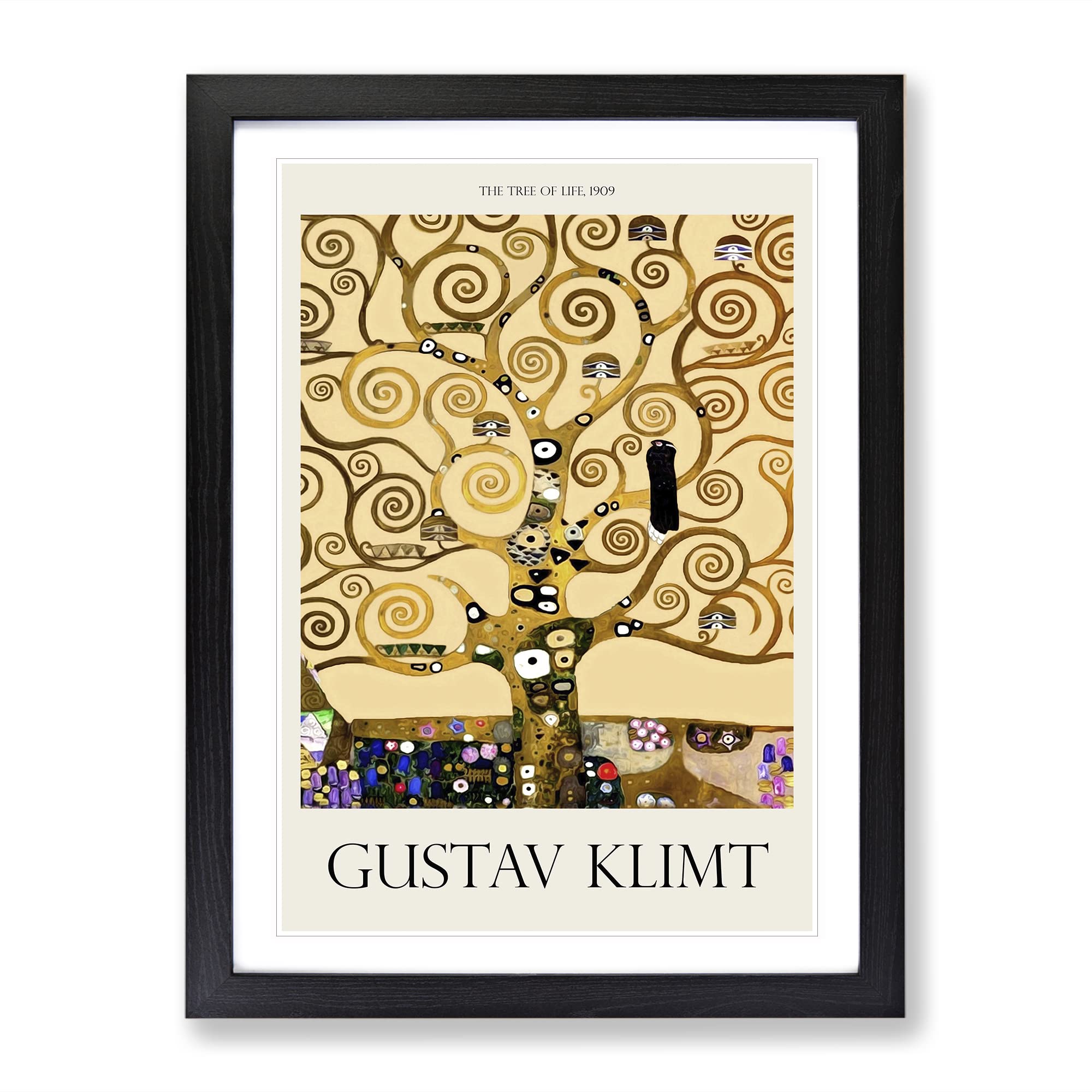 The Tree Of Life By Gustav Klimt Exhibition Museum Painting Framed Wall Art Print, Ready to Hang Picture for Living Room Bedroom Home Office Décor, Black A4 (34 x 25 cm)