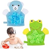 2 Pcs Kids Shower Loofah Cute Animal Kid Bath Gloves Loofah Body Scrubber for Showers Kids Sponges Exfoliating Bath Mitt Shower Washing Gloves for Baby Gentle Soft and Easy to Lather (Bear Frog)