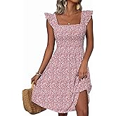 Loemes Summer Casual Cute Floral Flowy Square Neck Sundressses with Pocket Beach Dress for Women