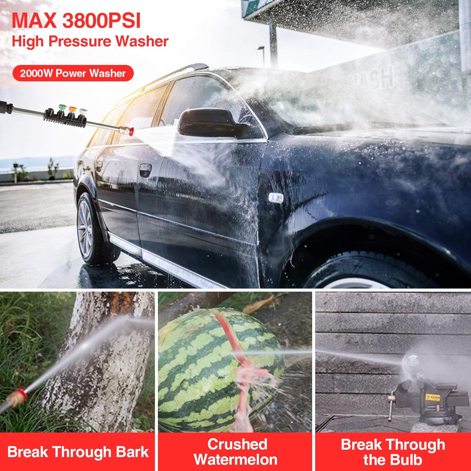 Power Washer, Suyncll Pressure Washer 3800 Max PSI 2000W Electric Portable High Pressure Cleaner Machine with 4 Nozzles, Detergent Tank and Hose Reel, for Homes, Cars, Driveways, Fences, Patios (Red) : Garden & Outdoor