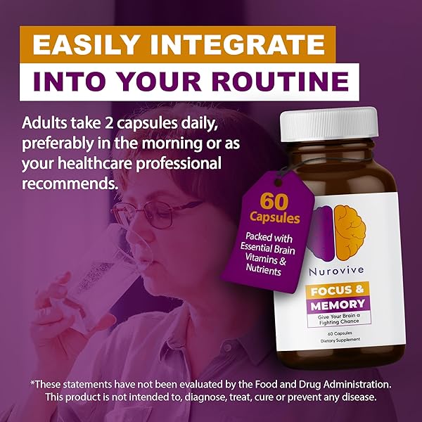 NUROVIVE – FOCUS & MEMORY SUPPLEMENT FOR BRAIN HEALTH, FOCUS SUPPLEMENT & NEUROTRANSMITTER SUPPORT WITH VITAMIN B12, B1, B3 & B5 PLUS TAURINE, 60 CAPSULES