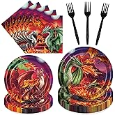 InIsaJace Dragon Birthday Party Decorations - 96PCS Dragon Theme Magical Paper Plates and Napkins Forks Tableware Decoration Set for 24 Guests Baby Shower Decor Supplies