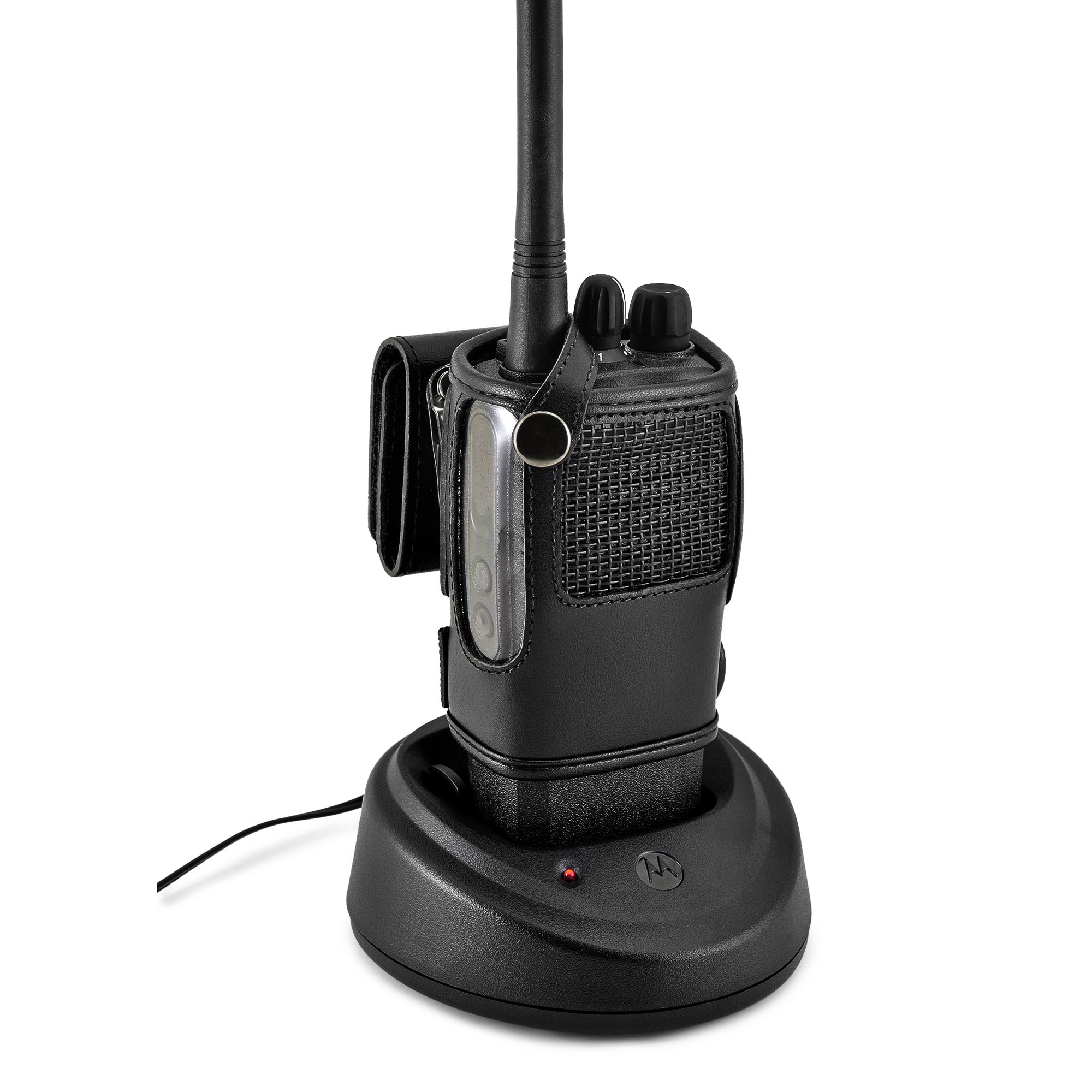 TurtleBackCarry Holder for CP200d Fire and Police Security Two Way Radio Belt Clip Holster Case, Black Leather Pouch with Heavy Duty Rotating Ratcheting 2.25" Belt Loop