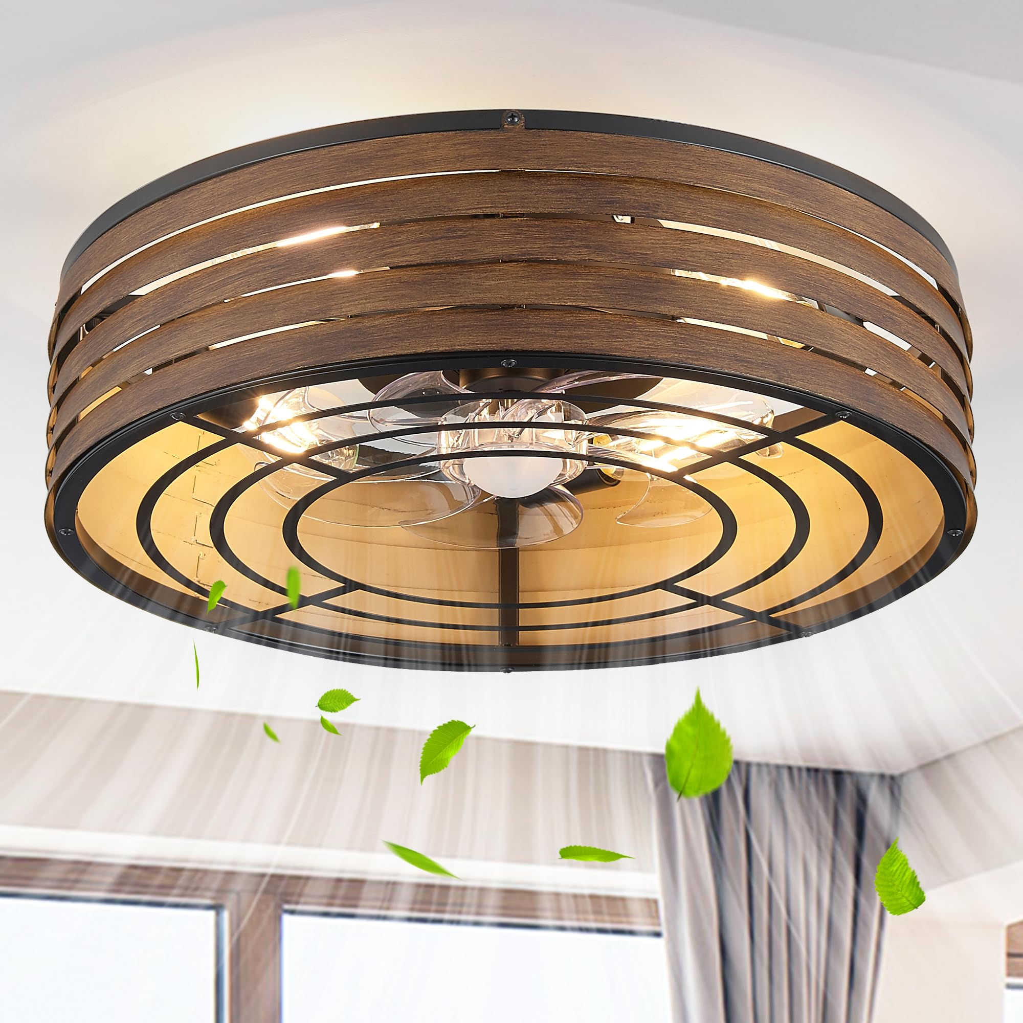 Photo 1 of 20'' Flush-Mount Ceiling Fan with Light and Remote, Reversible Motor, Perfect for Bedroom, Living room, Kitchen, Outdoor Gazebo, Patio, Low-Profile Design Cage (Wooden Walnut)