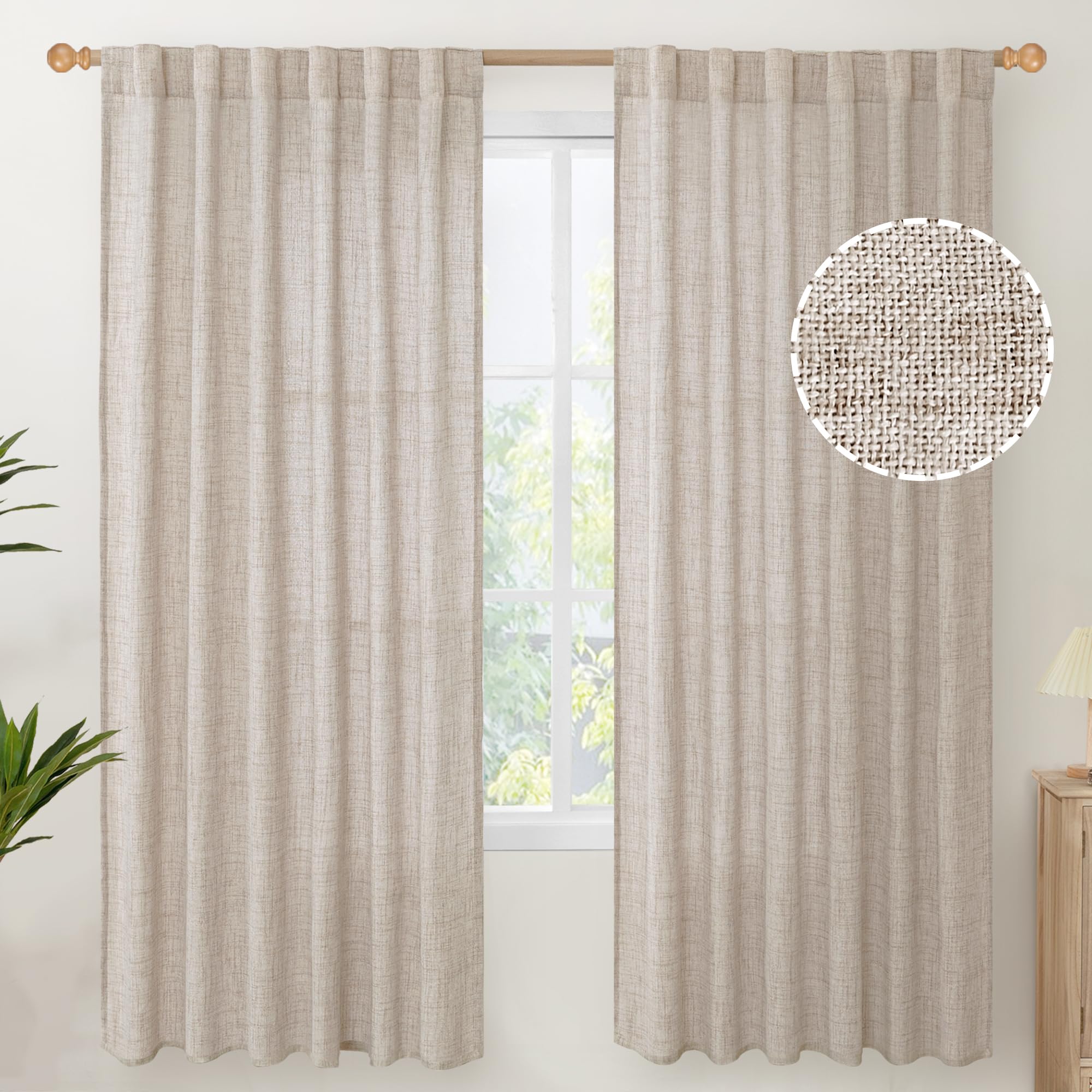 Photo 1 of YoungsTex Linen Semi Sheer Curtains 72 Inch Length 2 Panels for Living Room - Light Filtering Drapes with Rod Pocket Back Tab Rustic Beige Window Treatments for Dining Bedroom, 52 X 72 Inch