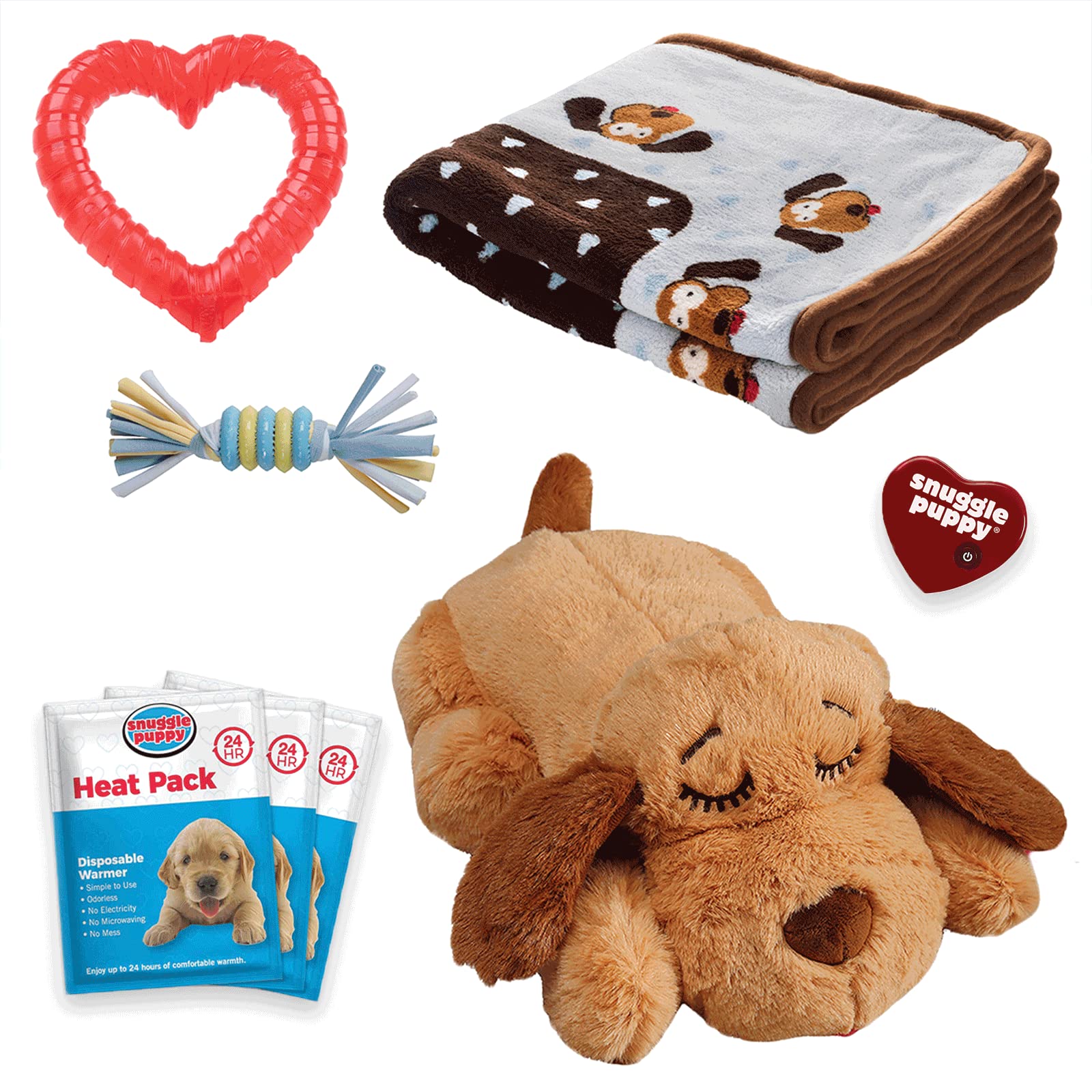 Snuggle Puppy Original Essentials Starter Kit. Heartbeat Dog Toy and Calming Aid with 3 Heat Packs, Puppy Teething Toy, Dog Chew Toy and Dog Blanket. (Blue)