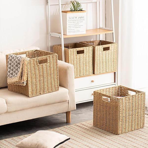 FOLDABLE STORAGE BASKETS WITH HANDLES PAPER ROPE STORAGE BASKETS RECTANGLE COLLAPSIBLE HAND WOVEN STORAGE CUBES BINS FOR ORGANIZING SHELVES LIVING ROOM BEDROOM PANTRY (4, 13” X 13” X 13”)