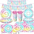 142 Pcs Tie Dye Birthday Party Decorations,Colorful Birthday Party Supplies Tableware,Includes Tablecloth,Birthday Party Plates and Napkins,Cups,Happy Birthday Banner for Birthday Party Decorations