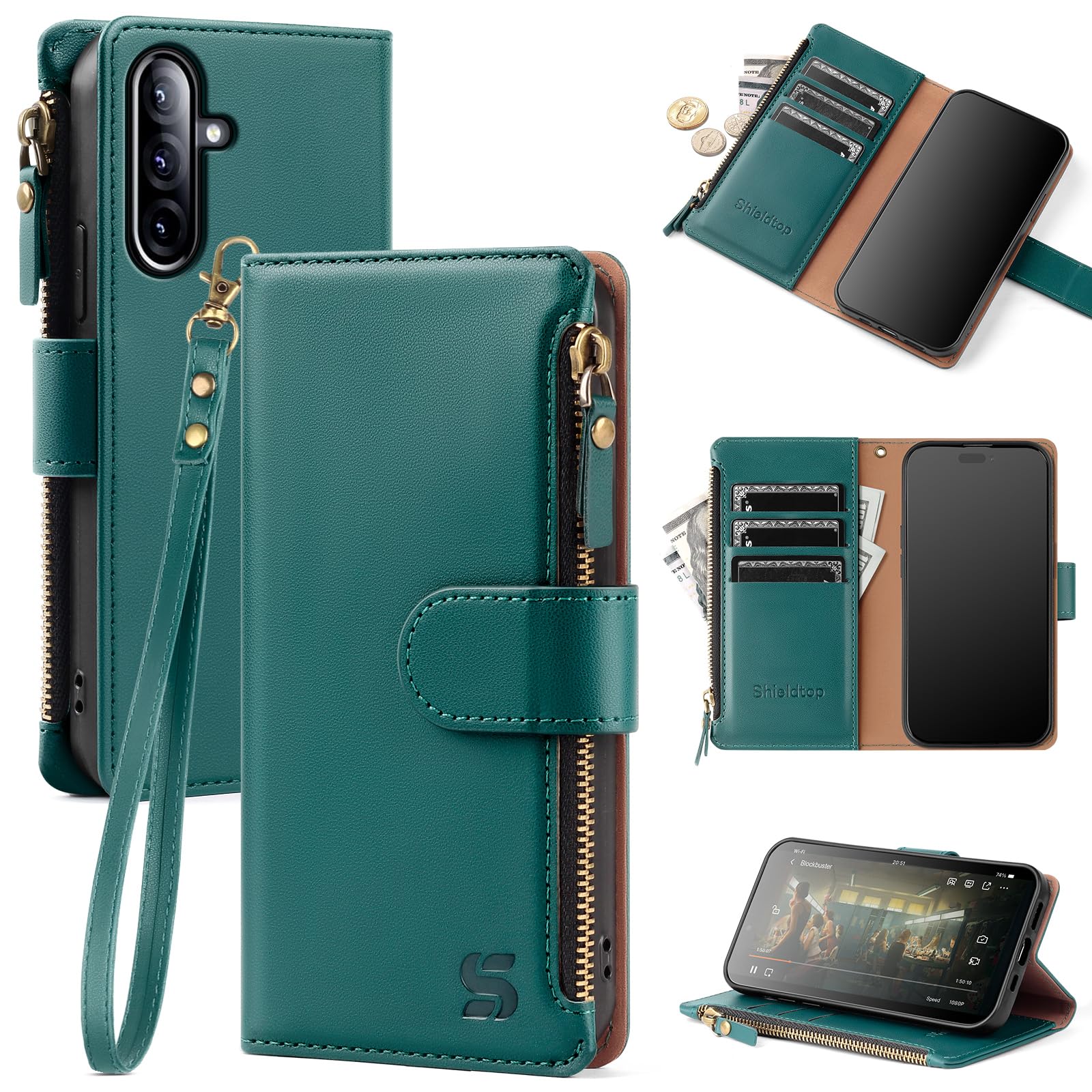 Shieldtop Compatible with Samsung Galaxy A36 5G/A56 5G Wallet Case with Card Holder,PU Leather Phone Case Flip Protective Cover Wrist Strap Zipper Credit Card Slots RFID Blocking Women Men,Blue Green