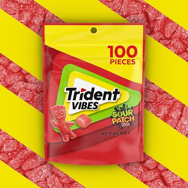 TRIDENT VIBES SOUR PATCH KIDS REDBERRY SUGAR-FREE CHEWING GUM, RESEALABLE POUCH, PACK OF 1 (100 PIECES)