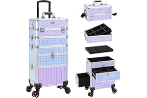 JINGUAN 4 in 1 Rolling Makeup Case with Drawers, Multi-functional Cosmetic Trolley with Wheels and Keys, Large Storage Traveling Cart Trunk for Nail Technicians, Makeup Artist and Hairstylist, Silver