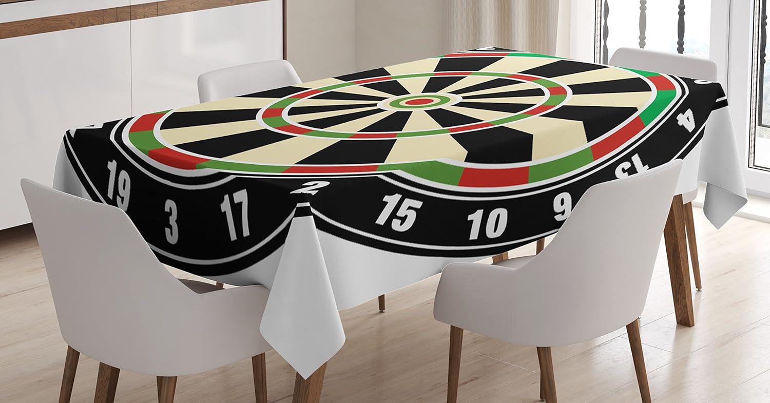 Ambesonne Sports Tablecloth, Dart Board Numbers Sports Accuracy Precision Target Leisure Time Graphic, Dining Room Kitchen Rectangular Table Cover, 60 W X 84 L inches, Vermilion Green Black