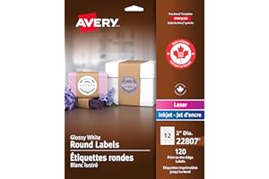 Avery 2" Inch Round Labels, Glossy White, Permanent, 120 Labels, Inkjet/Laser (22807) Made in Canada