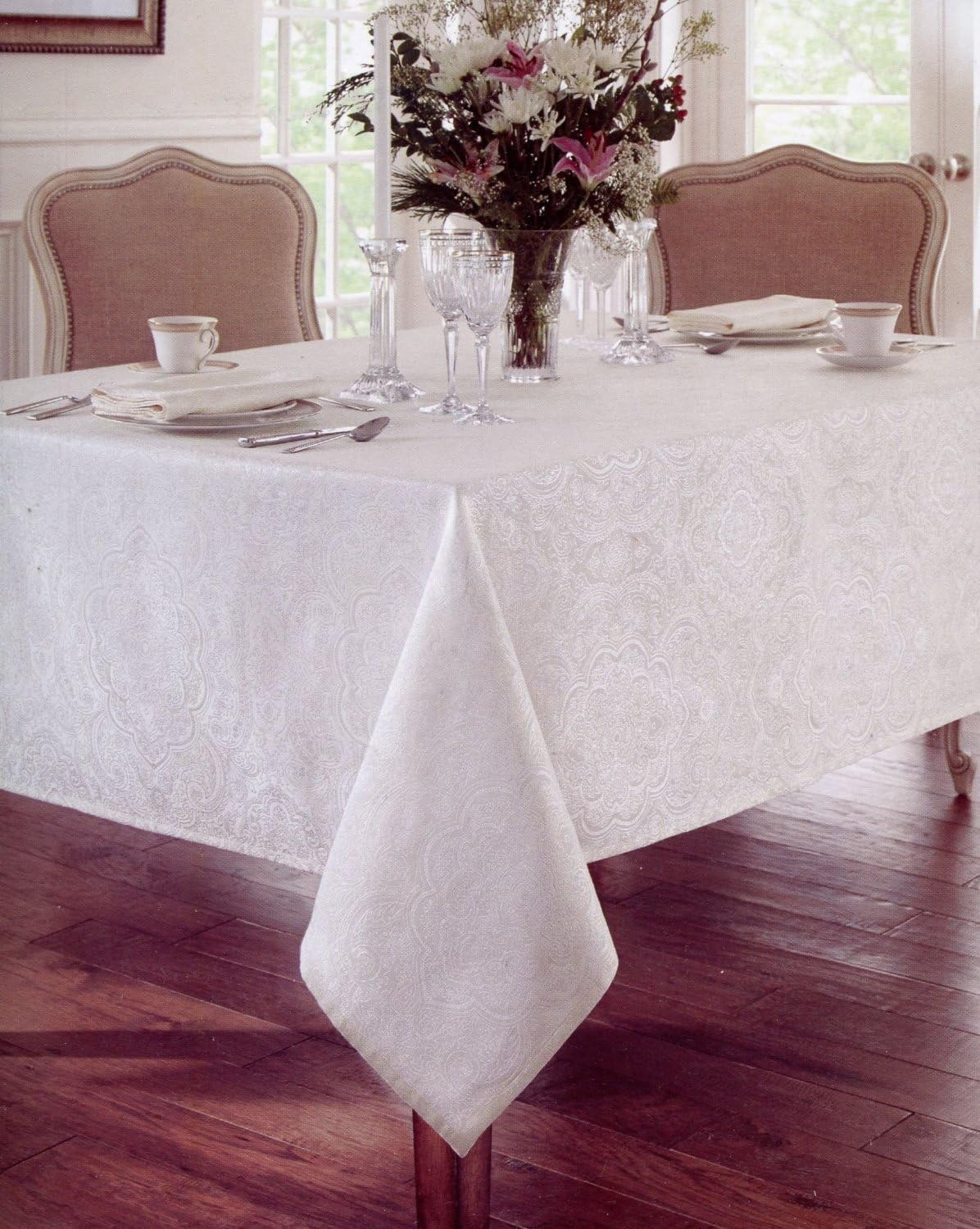 Waterford Linens Callum White Tablecloth, 70-by-84 Inch Oblong Rectangular