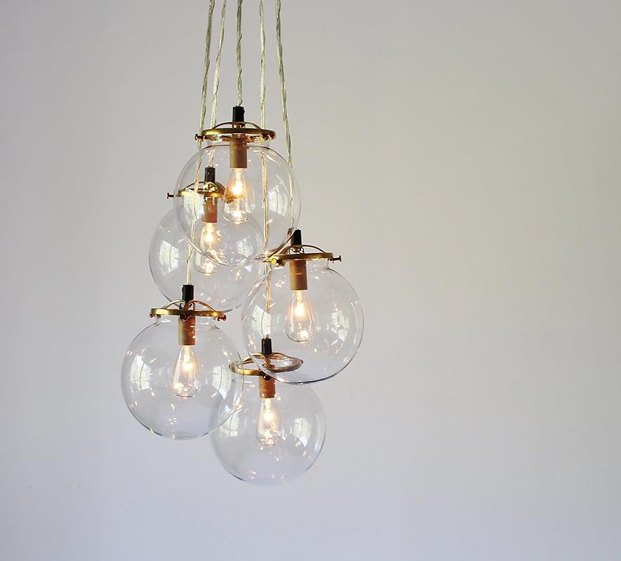 Glass Globe Cluster Chandelier, 5 Clear Hanging Orb Pendants Handmade