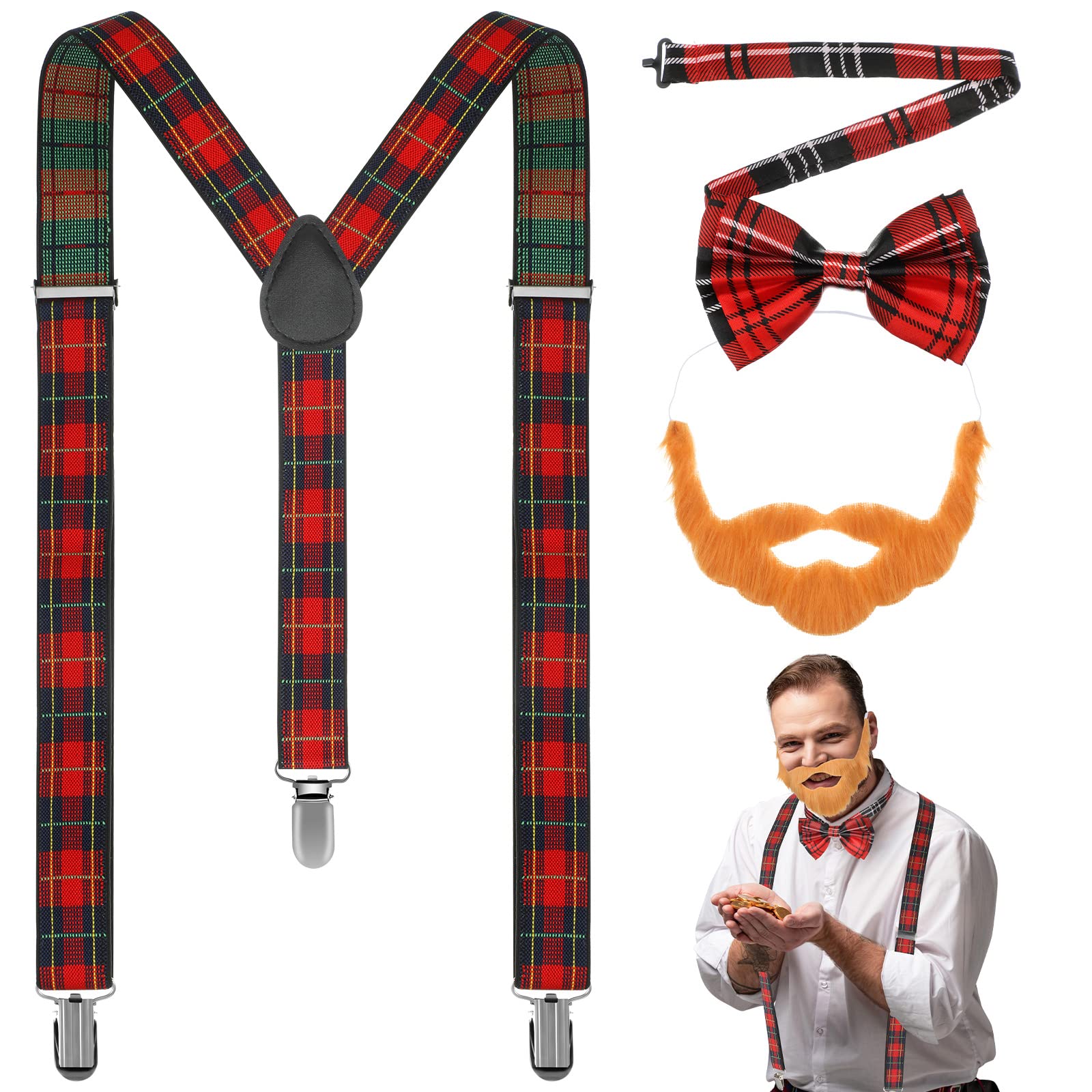 3 Pcs Robert Burns Night Tartan Set Includes Fake Beard Costume Brown Fake Moustache Bow Tie Fancy Dress and Scottish Suspender Braces for Adult Scottish Costume Scotsman Party Outfits Accessories