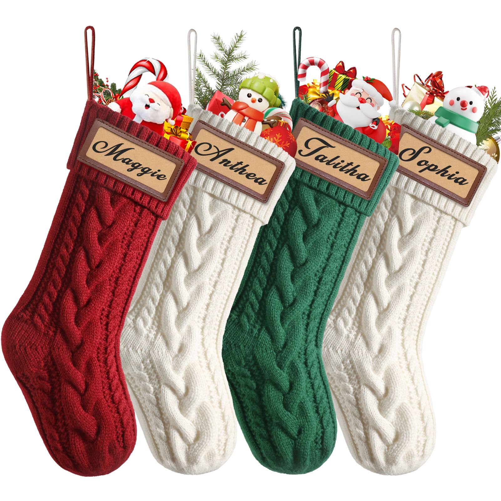Weldomcor 4 Pcs Christmas Stockings Large 18 Inch Cable Knit Xmas Stockings Unique Burgundy Knit, Kids Xmas Stockings Personalised Gift Bag for Christmas Fireplace Tree Decoration (Colorful)