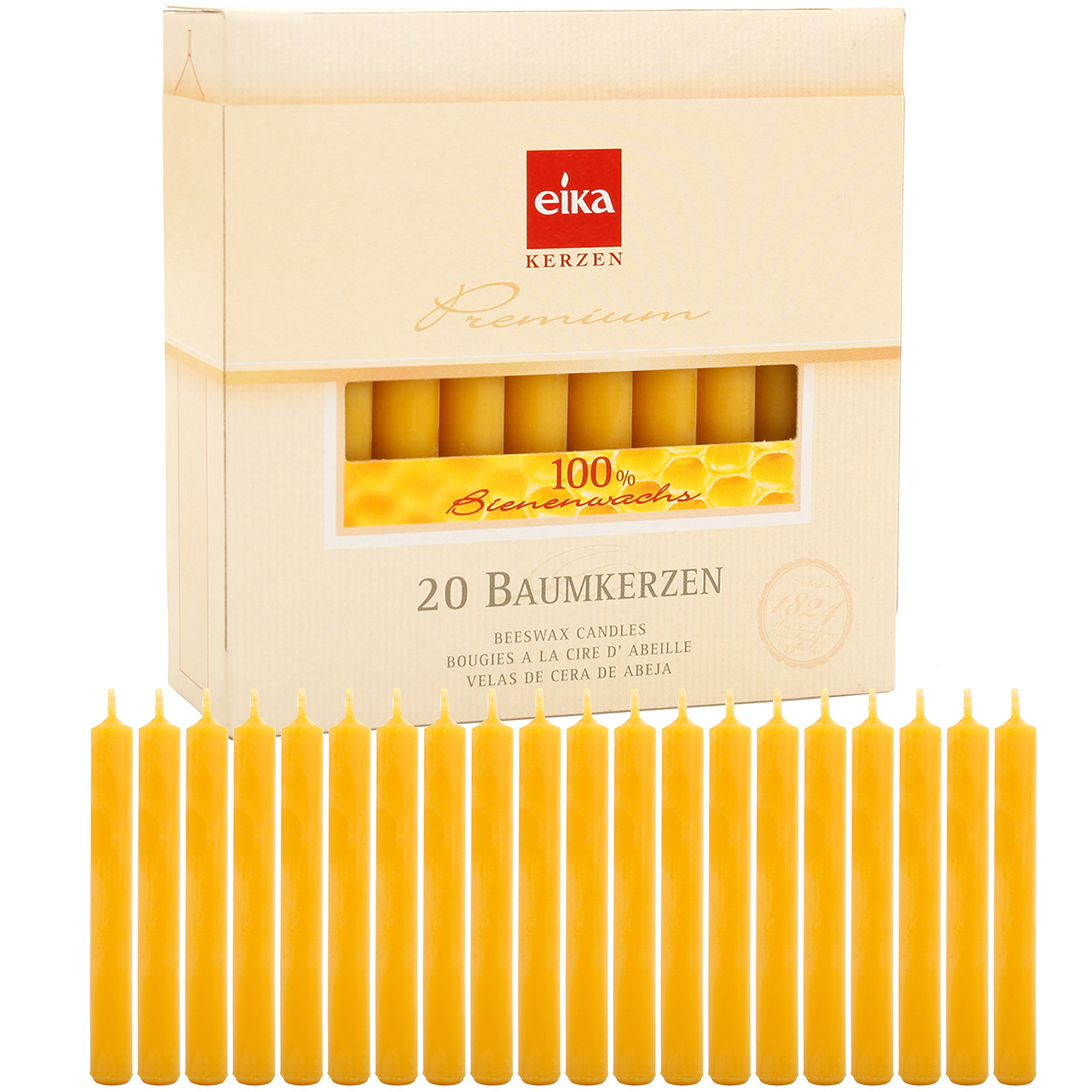 Eika Box of 20 Finest Beeswax Tree Candles Honey Yellow 100 Percent Beeswax High 10.5 Centimeters