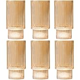 12 oz Ribbed Drinking Glasses Set of 6, Clear Vintage Iced Coffee Cups Elegant Glassware, Highball Glass Cups Ridged Glass Tumbler for Cocktail, Whiskey, Beer, Water, Juice, Origami Style Amber