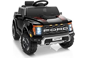 First Ride On 12V Licensed Ford F-150 Raptor Kids Ride on Toy, Ride on Truck with Parent Remote Control, Electric Car for Kids with Truck Bed Storage, 3 Point Safety Belt, LED Lights (Black)