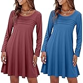 Marvmys Womens 2 Pack Long Sleeve Nightgowns Cotton Sleepshirt Pleated Nightshirt Printed Sleep Dress with Pockets S-3XL