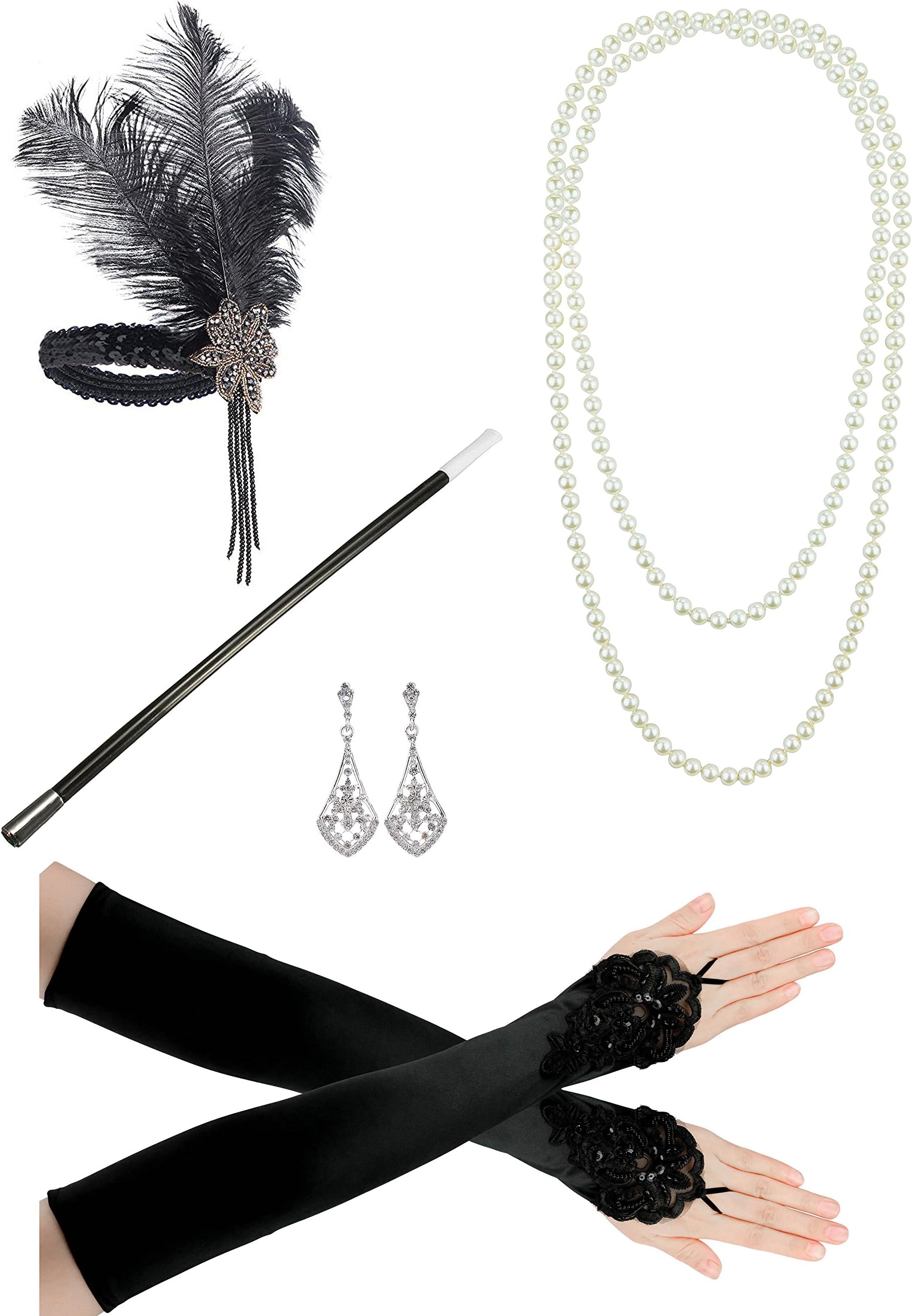 1920s Headband Pearl Necklace Gloves Fancy Dress Accessories Flapper Costume Set(Size: One size)