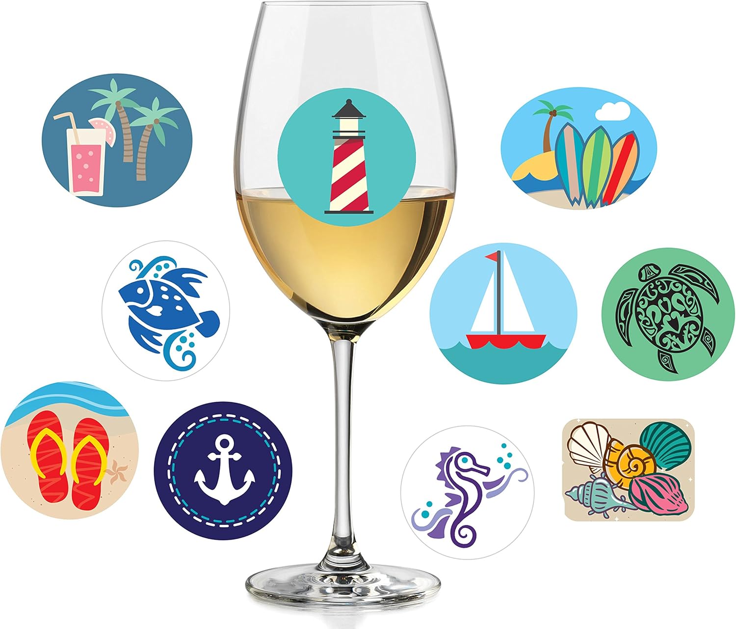 Set of 10 Beach-Themed Wine Charms | Static Cling, Reusable Stickers | Fun Beach Wine Glass Stickers and Summer Party Favors and Decorations | Great Alternative to Wine Glass Charms