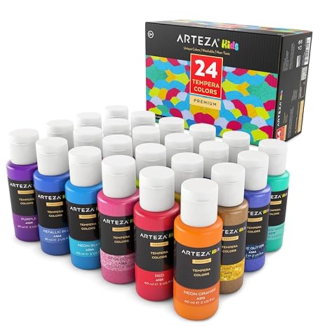 ARTEZA Kids Temperafarbe | 24 Auswaschbare Bastelfarben in 60 ml Tuben | Verschiedene Glitter, Metallic & Neon Farben | Ideal