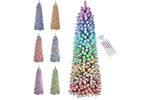 SHareconn 6ft Prelit Snow Flocked Artificial Hinged Slim Pencil Christmas Tree, with Remote Controlled Multi-Color RGB Lights, Full Branch Tips, Good Choice Decoration for Xmas Holiday, Flocked Green
