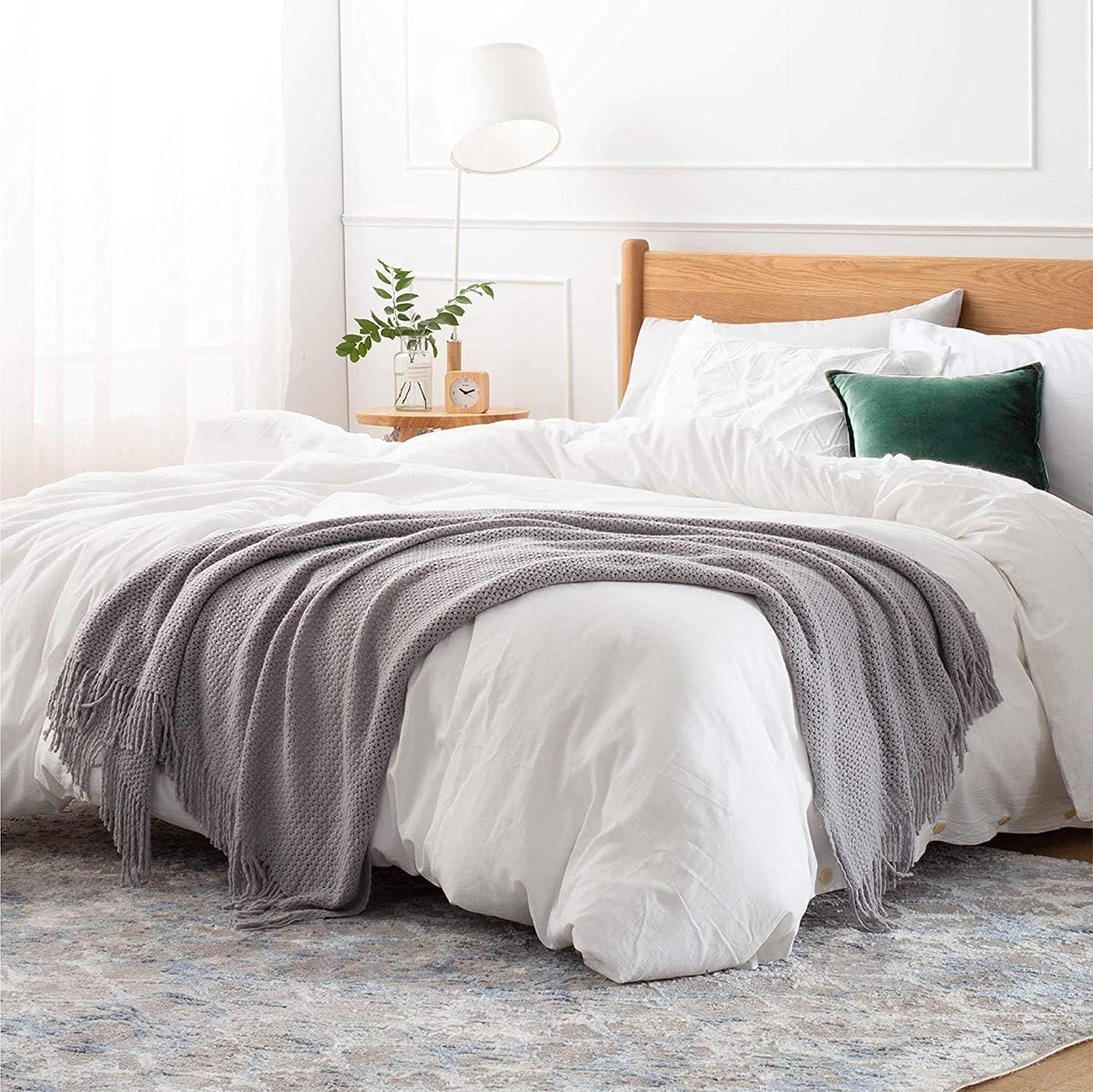 Bedsure Throw Blankets for Couch, Soft Knit Woven Blanket, 50x60 Inch - Lightweight Farmhouse Decorative Blanket with Tassels for Bed, Couch, Sofa - Suitable for Adults and Kids (Grey): Kitchen & Dining