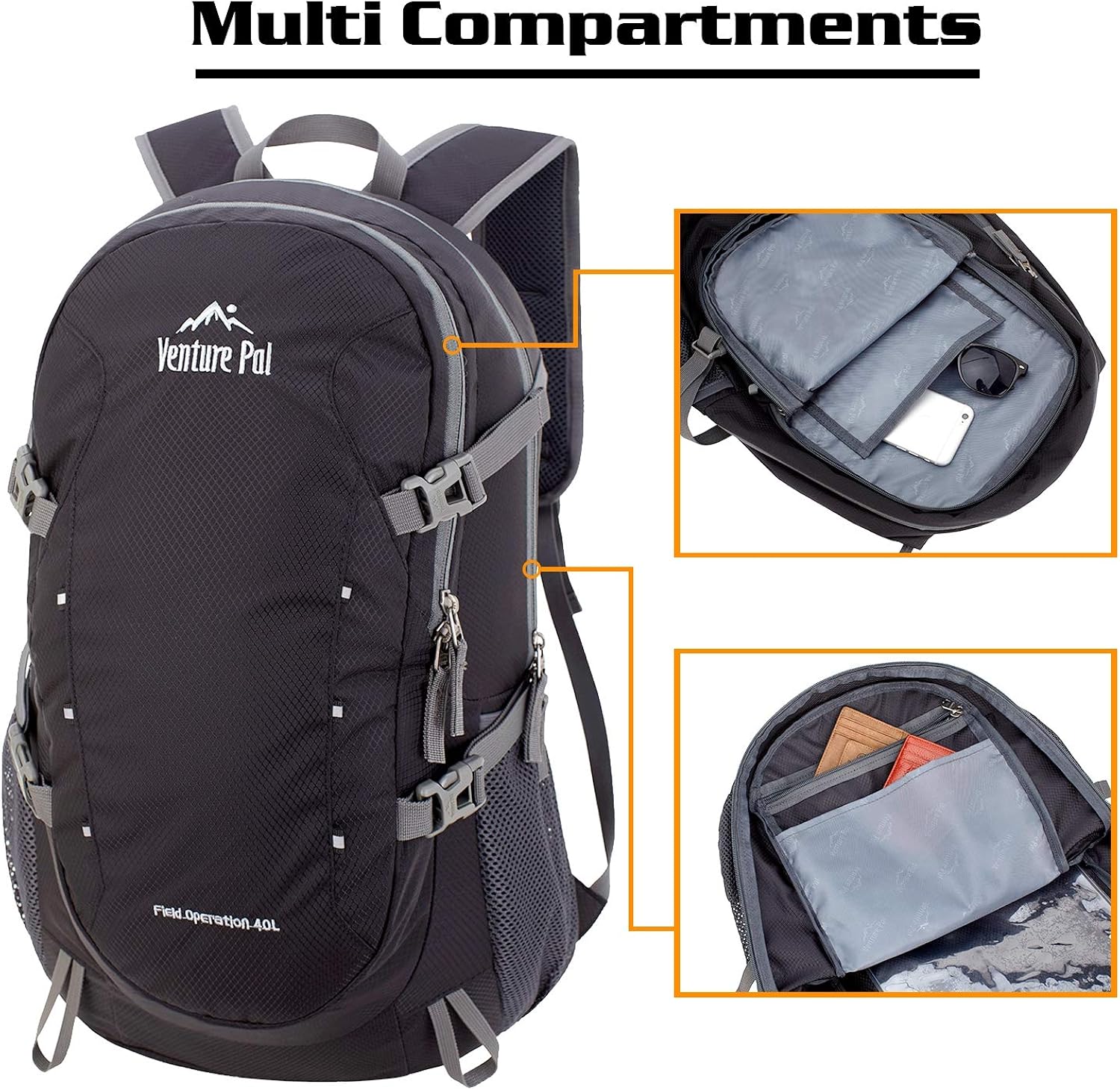 Venture Pal 40L Lightweight Packable Travel Hiking Backpack Daypack, A3 Black, One Size : Clothing