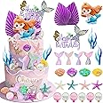 Lukinuo Mermaid Cake Toppers 24pcs Little Mermaid Figurine Under the Sea Cake Topper Seaweed Palm Leaves Bubble Starfish Shell Mermaid Tail Cake Decorations for Mermaid Theme Princess Birthday Party