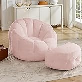 Mofolit Flower Bean Bag Chair with Ottoman for Adults,Large Beanbag Chair with Artificial Rabbit Fur Fabric,Floor Sofa for Living Room,Reading Room and Apartment. (Pink)