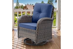 Artfurniz 2 in 1 Porch Glider Swivel Chair - Wicker Patio Furniture Outdoor Swivel Rocker Chair with Thick Cushion, 300 Lb Weight Capacity Patio Swivel Glider Seating - Brown Wicker, Blue Cushion