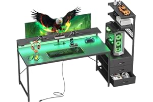 PRAISUN 61.7" Gaming Desk with LED Lights & Outlets, Computer Desk with 3 Fabric Drawers, PC Desk with PC Case Stand & Movable Storage Shelves, Monitor Stand, Reversible, Carbon Fiber Black