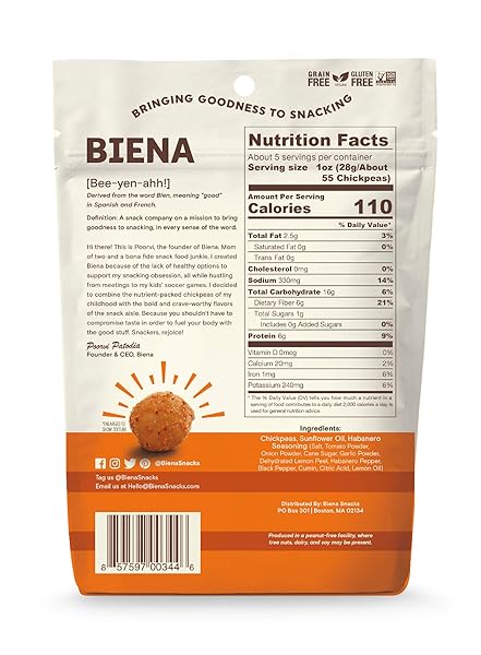 BIENA FOODS, CHICKPEA SNACK HABANERO, 5 OUNCE