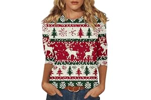 PETYCZEN Christmas Shirts for Women 2025 Cute Xmas Tree Print Crewneck 3/4 Length Sleeve Tops Christmas Holiday Party Tunic