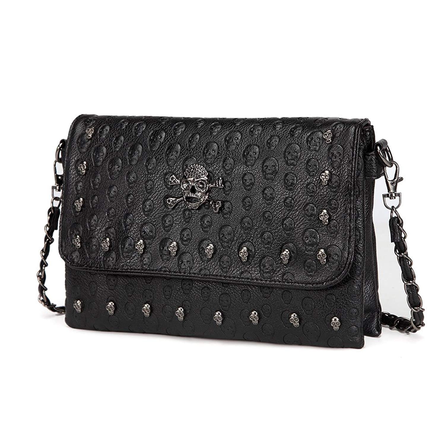 Chikencall Womens Punk Skull Print Crossbody Bag PU Leather Gothic Skull Shoulder Bag Purse with Chain