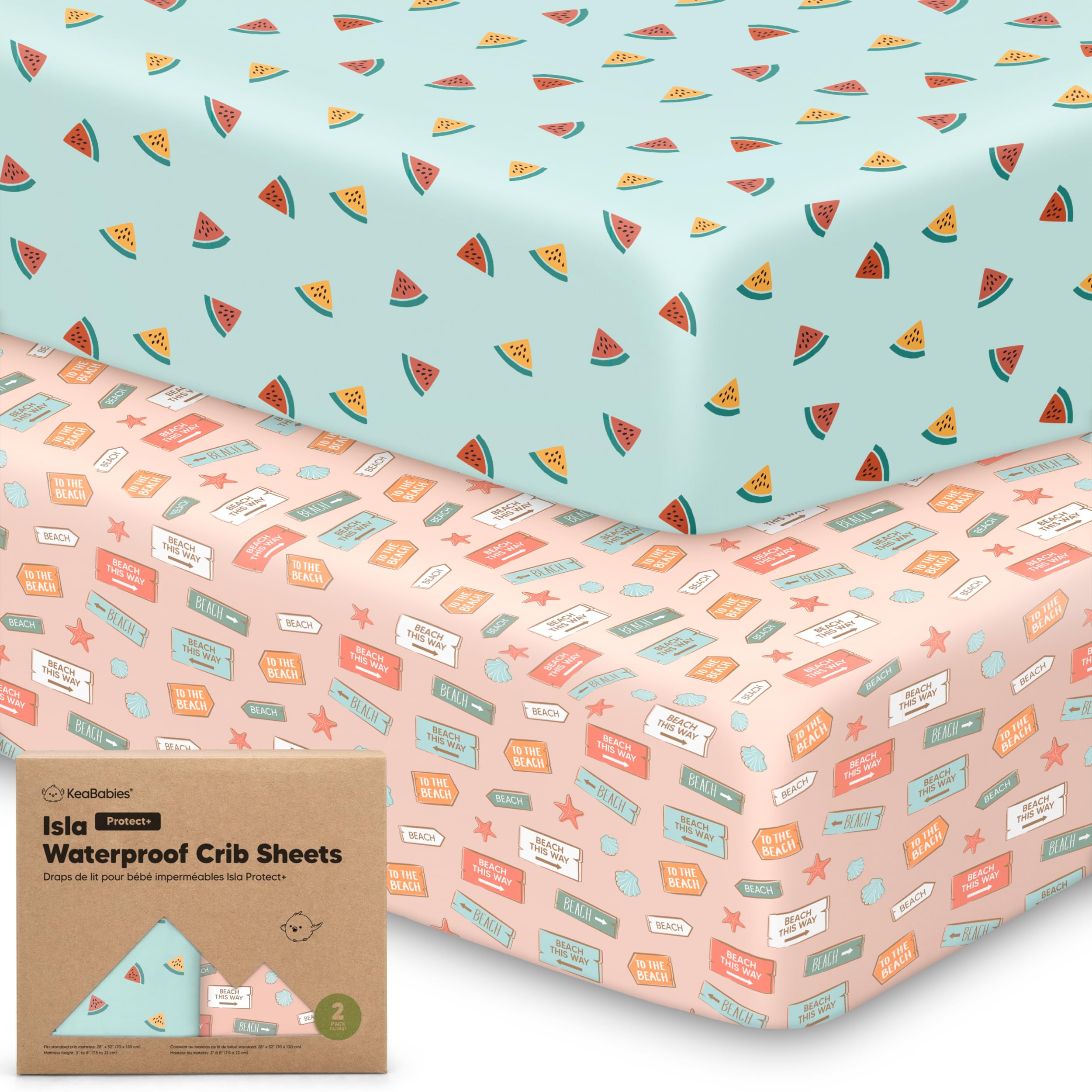 Photo 1 of 2-Pack Waterproof Baby Crib Sheets for Boys, Girls - 52x28 Viscose Derived from Bamboo Toddler Bed Sheet Neutral, Fitted Crib Mattress Protector Cover for Baby Bedding, Soft & Gentle (Beach Day)