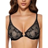Wingslove Women's Front Closure Lace Bra Sexy Deep V Unlined Mesh Balconette See Through Underwire Bra for Everyday Wear