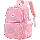 QIXIHU Mesh Backpack for Girls Boys Kids, Heavy Duty Mesh Bookbag, Net Backpack See Through for School,Beach,Swimming,Work,Travel(Pink)