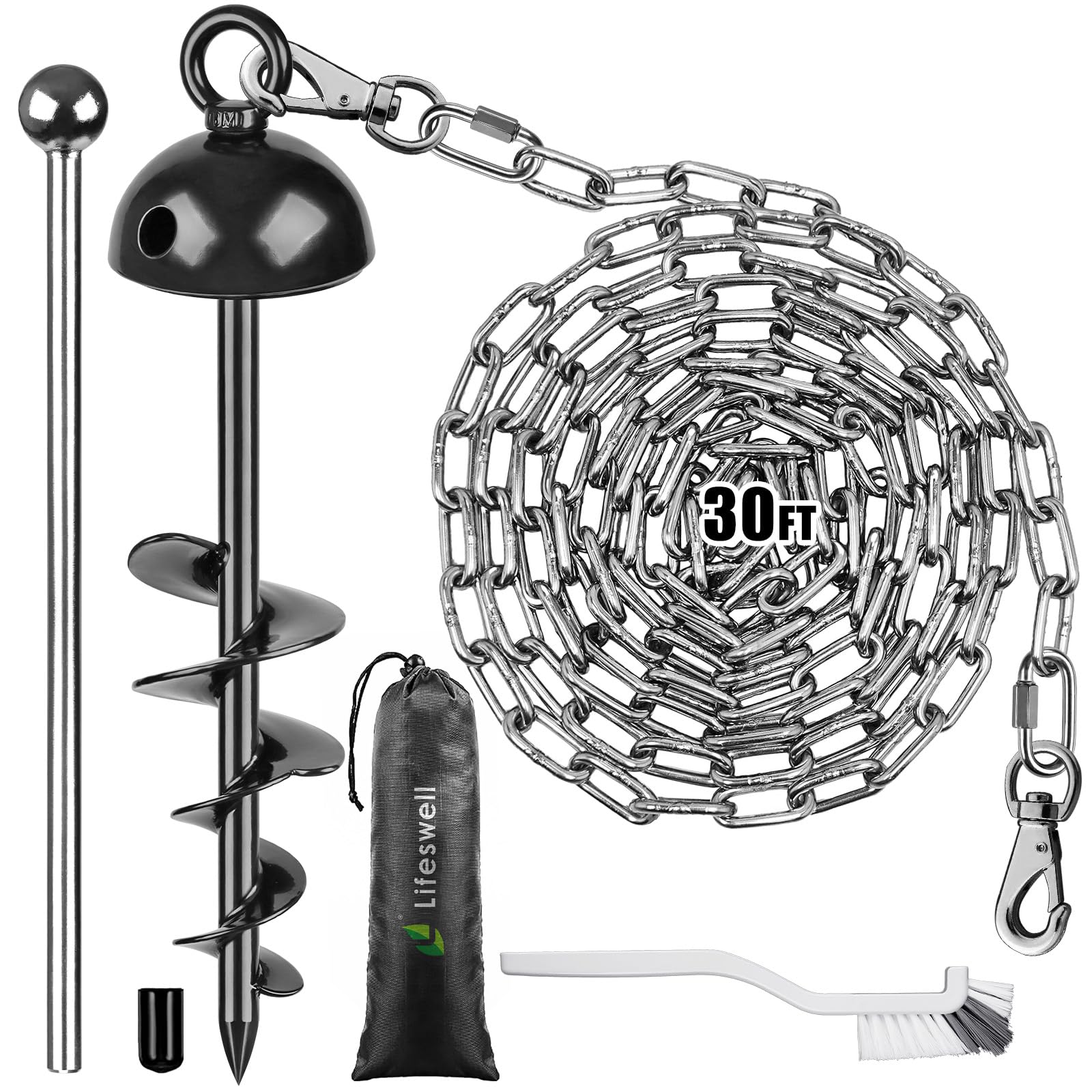 Dog Tie Out Chains and Stake, 30ft Chew Proof Stainless Steel Dog Chains for Outside, 15" Heavy Duty Dog Anchor for Dogs Up to 125lbs, Fully Welded, No Tangle, Ideal for Yard and Camping