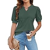 Blooming Jelly Womens Dressy Casual Tops Puff Sleeve Work Blouses Pleated V Neck T Shirts