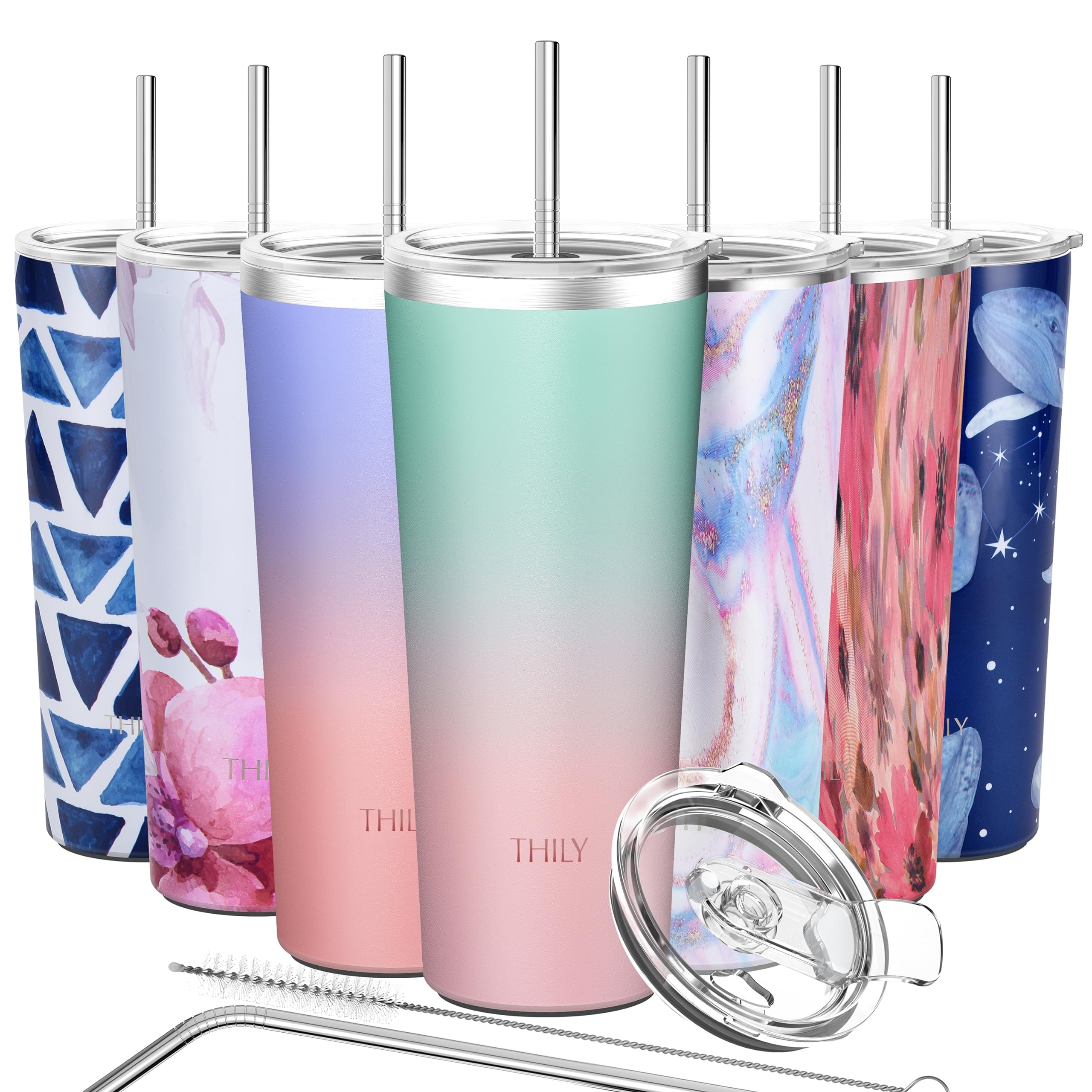 THILY Stainless Steel Vacuum Insulated Tumbler Travel Mug 26 oz Coffee Cup with 2 Lids and Straws, Splash Proof, Keep Ice Drinks Cold, Candy Pink