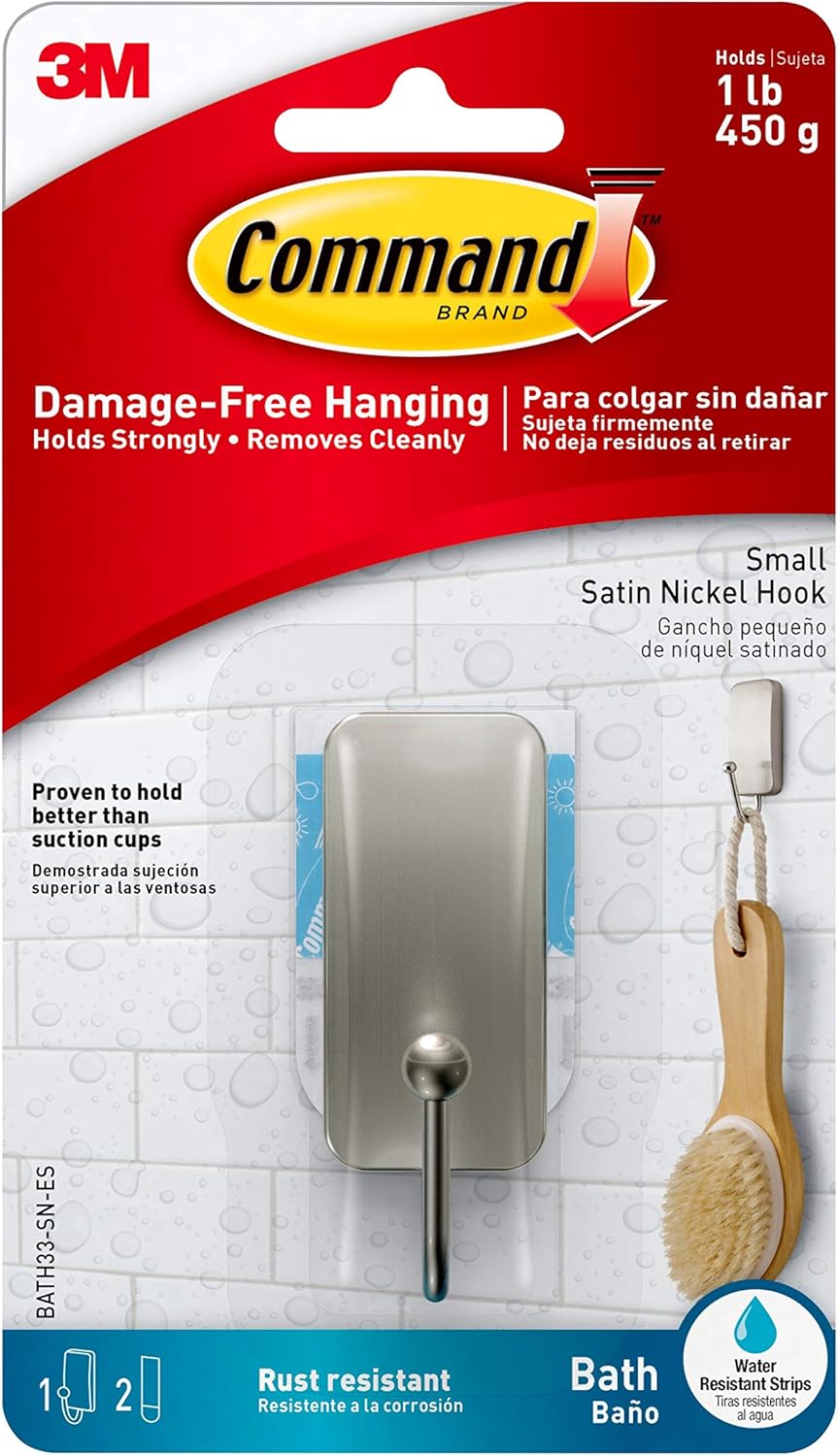 Command Bath Hook, Small, Satin Nickel, 1-Hook, 2-Small Water-Resistant Strips (BATH33-SN-ES), Organize your dorm: Home Improvement
