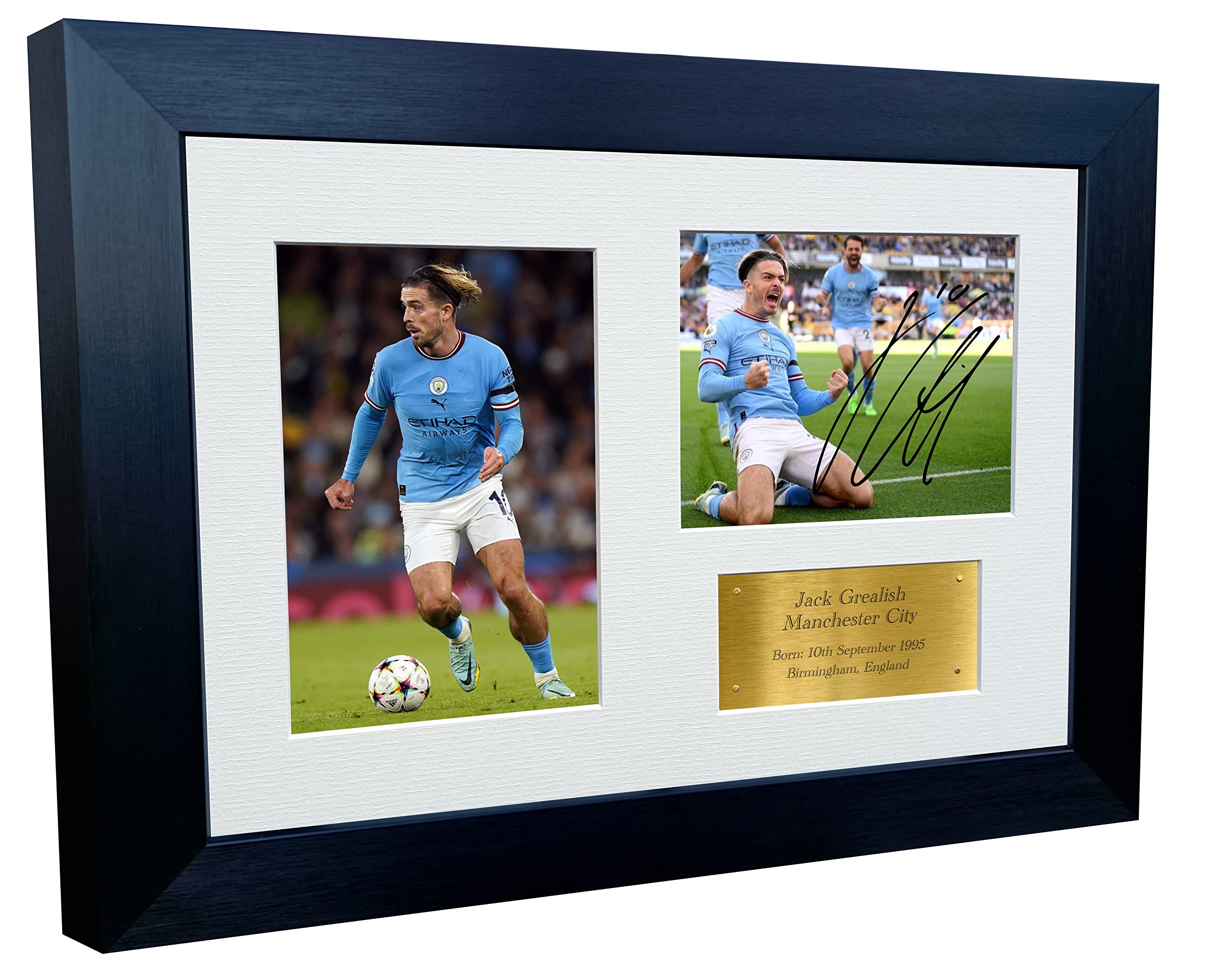 12x8 A4 Jack Grealish Manchester City Triple Autographed Signed Photo Photograph Picture Frame Football Soccer Poster Gift Gold