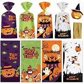 50 Pack Halloween Treat Bags - Plastic Halloween Goodie Bags, Happy Halloweens Candy Bag, Trick or Treat Snack Gift Cellophane Bags with Twist Ties for Kids Hallowen Party Birthday Supplies Favors