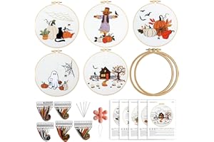 Stranthother 5 Sets Halloween Embroidery Kit for Beginners with Halloween Cat Pumpkin Pattern,Embroidery Set Starter,DIY Needlepoint Kit Set for Adults Craft Lover Includes Hoop Cloth Embroidery
