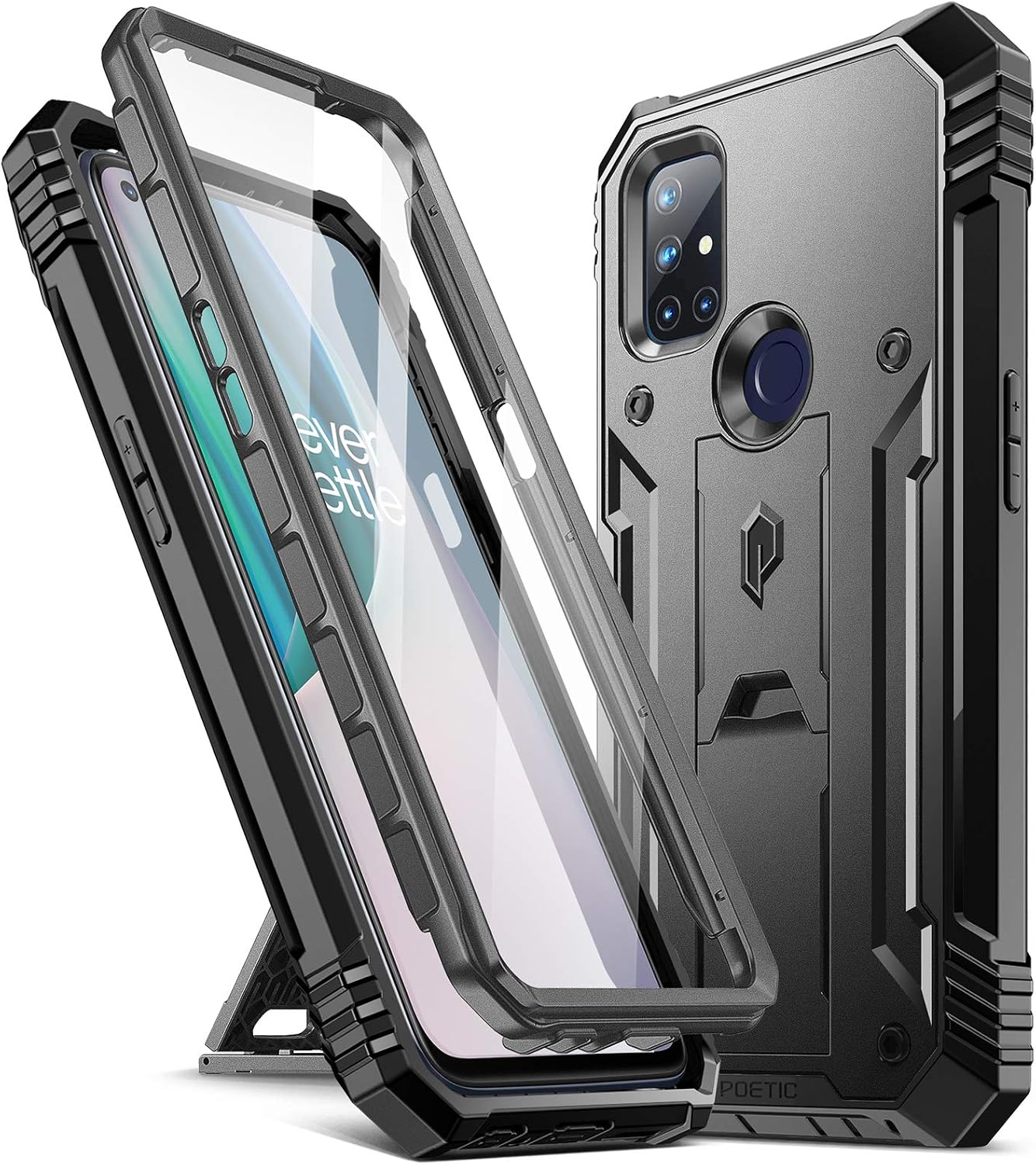 Poetic Revolution Series Heavy Duty Case For OnePlus Nord N10 5G – Black With Kickstand & Screen Protector