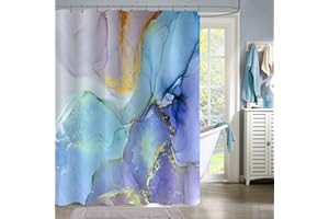 Gibelle Colorful Marble Shower Curtain, Abstract Blue Purple Jade Texture Gold Stripes Ombre Modern Ink Art Decor Waterproof Fabric Shower Curtain for Bathroom Set with Hooks, 72 x 72